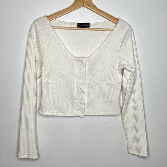 PrettyLittleThing white ribbed cropped v-neck cardigan L - Picture 5 of 5
